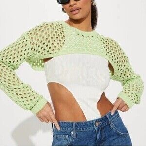 Lime Green Cropped Crochet Sweater Size M RefN10‎